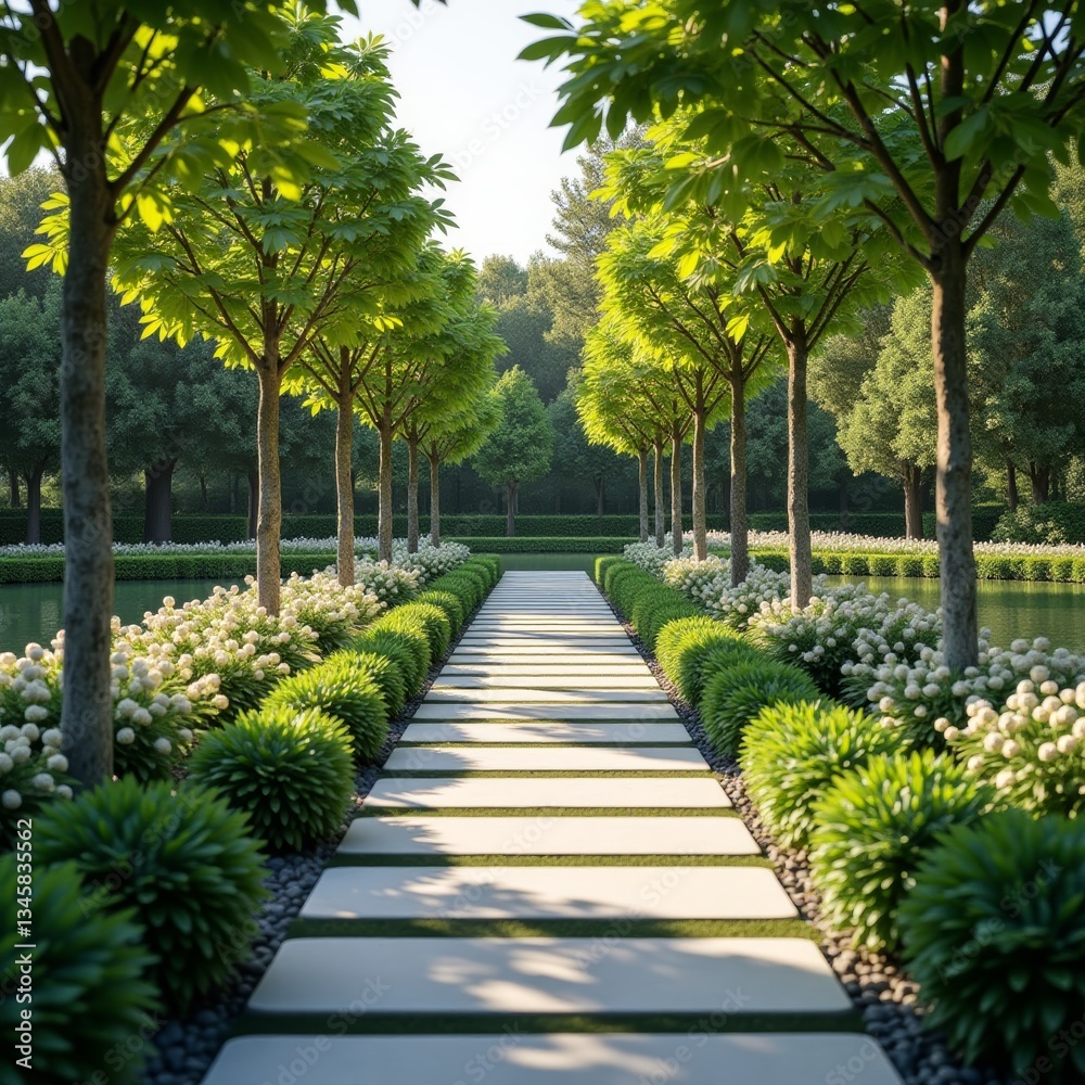 Fototapeta premium A serene stone path winds through a lush garden, surrounded by vibrant greenery and blooming flowers