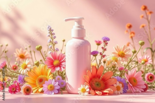 A pink bottle stands amid beautiful and colorful flowers