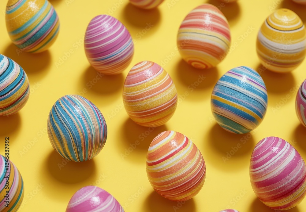 Colorful Easter Eggs with Swirls on Bright Yellow Background for Festive Holiday Celebrations and Springtime Decor Ideas Colorful Easter Eggs with Swirls on Bright Yellow Background for Festive Holiday Celebrations and Springtime Decor Ideas