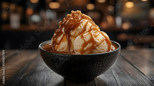 Gourmet Dulce de Leche Ice Cream in a Stylish Bowl with Toppings and a Cozy Background