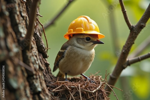 A small bird with a bright yellow construction helmet on its head