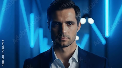Serious businessman in a dark blue suit standing against a futuristic neon-lit background. Professional corporate portrait. Horizontal video format
