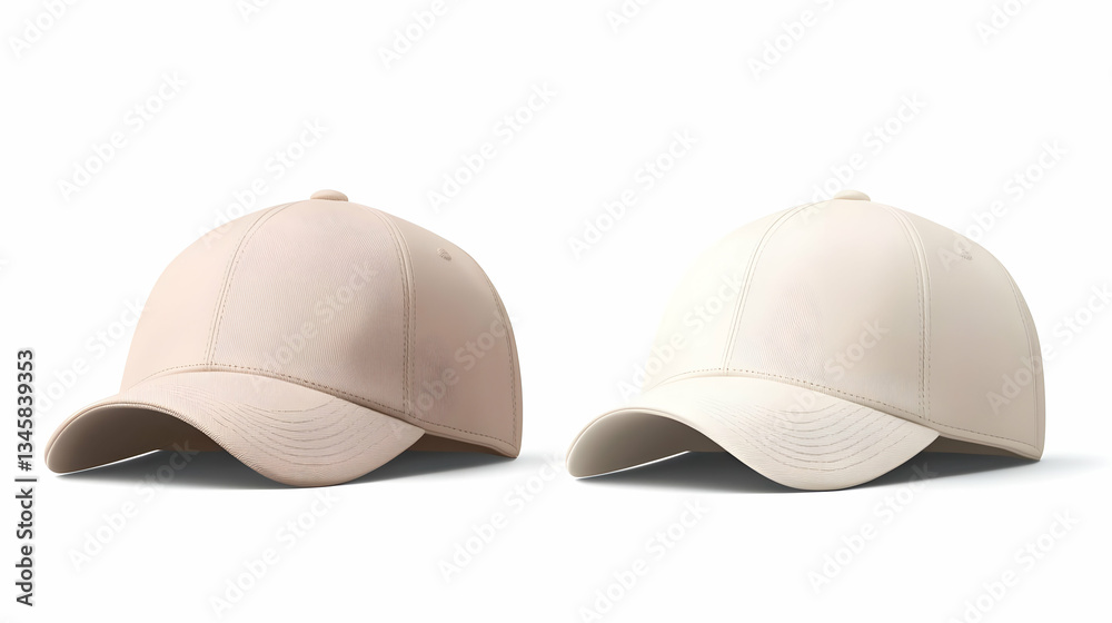 Fototapeta premium Two Beige Baseball Caps Isolated on White Background in Studio Shot Fashion Accessory View