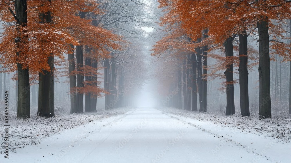 Snowy path through orange autumn trees winter wonderland Snowy path through orange autumn trees winter wonderland