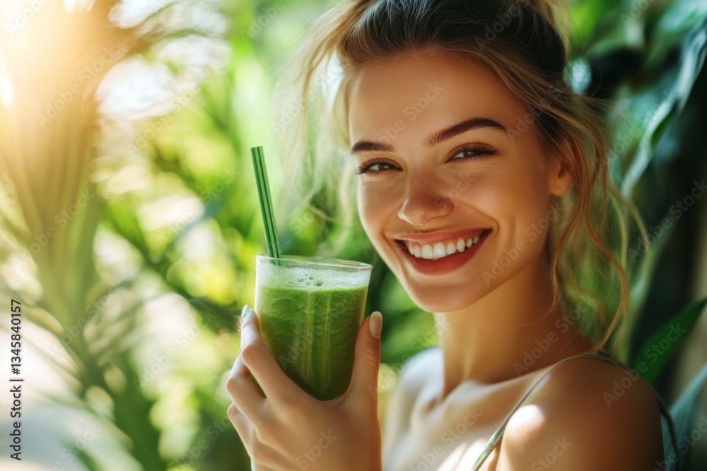 Smiling young woman holds refreshing green smoothie amidst lush greenery, exuding happiness and vitality. Image captures moment of health and natural enjoyment Smiling young woman holds refreshing green smoothie amidst lush greenery, exuding happiness and vitality. Image captures moment of health and natural enjoyment