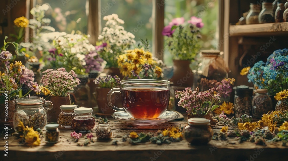 A cup of tea surrounded by colorful flowers and herbs A cup of tea surrounded by colorful flowers and herbs