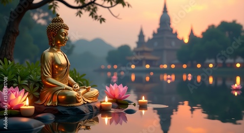 Golden Buddha statue on the lake shore, Temple in the distance