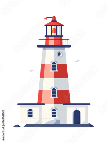 Colorful red and white lighthouse with birds on a clear day