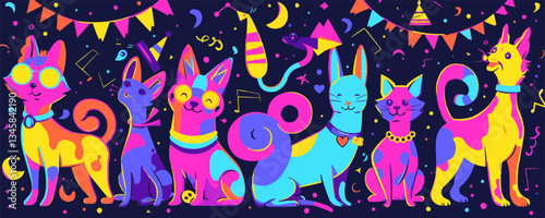 Colorful cartoon cats and dogs celebrating at a neon party with
