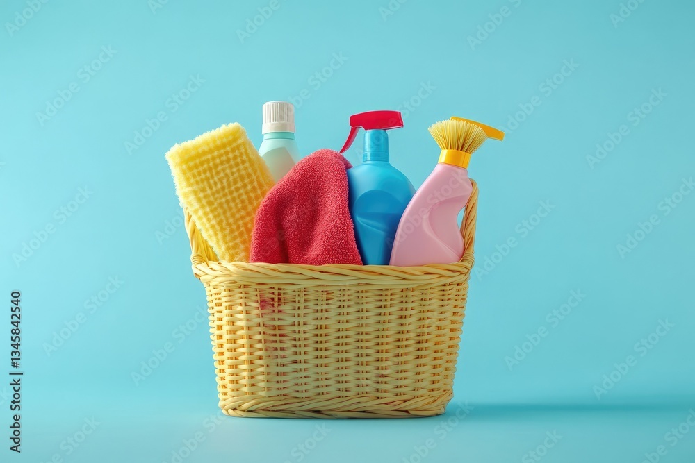Set of Detergents in Basket Cleaning Agent Rag Sponge Brushes Cleaning Service Concept Set of Detergents in Basket Cleaning Agent Rag Sponge Brushes Cleaning Service Concept