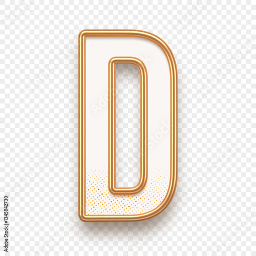 Letter D. Golden alhabet text effect. Realistic gold metal font. Golden ouline font. Metallic 3d typeface. English alphabet. Vector illustration.