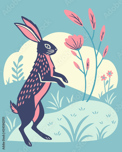 Illustration of a rabbit standing among flowers and grass in a stylized design. Perfect for Spring Invitations, Holiday Branding, and Creative Event Projects
