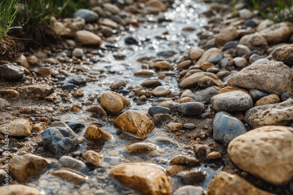 A serene stream flows gently over smooth pebbles in a tranquil natural setting during golden hour A serene stream flows gently over smooth pebbles in a tranquil natural setting during golden hour