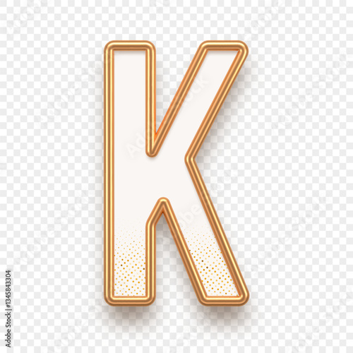 Letter K. Golden alhabet text effect. Realistic gold metal font. Golden ouline font. Metallic 3d typeface. English alphabet. Vector illustration.
