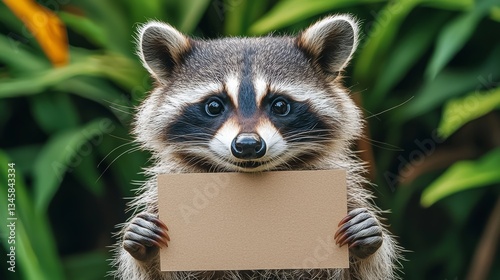 Raccoon holding a piece of paper. The raccoon is smiling and he is happy