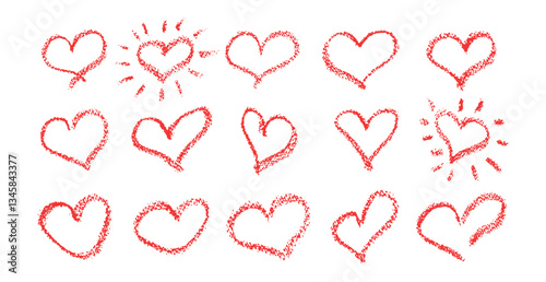 Set of red hearts signs drawn by wax pencil. Love symbols in doodle style. Collection of hand drawn kid hearts elements for valentine card or rock, hip hop music poster design. Vector illustration.