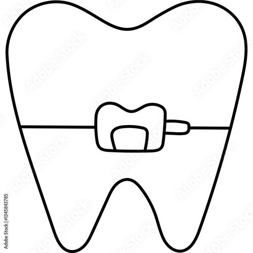 Lovely outline tooth with dental braces. Trendy hand drawn tooth with brackets as concept of orthopedic and treatment of teeth bite. Oral and medical treatment doodle isolated on white background.