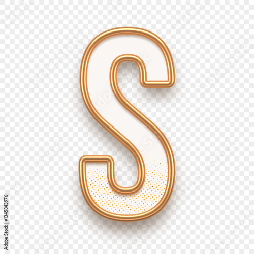 Letter S. Golden alhabet text effect. Realistic gold metal font. Golden ouline font. Metallic 3d typeface. English alphabet. Vector illustration.