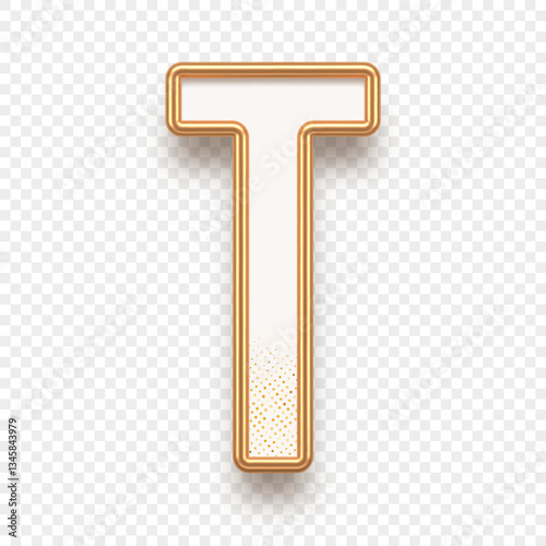 Letter T. Golden alhabet text effect. Realistic gold metal font. Golden ouline font. Metallic 3d typeface. English alphabet. Vector illustration.