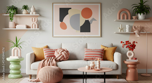 Modern Colorful Living Room, Eclectic Interior Design, Cozy and Stylish Home Decor, Vibrant Aesthetic Space, Contemporary Artistic Lounge
 photo