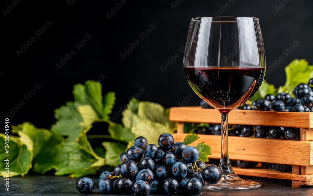 Glass of red wine is poured into a wine glass next to a basket of grapes. The scene is set on a dark background, which adds to the mood of the image Glass of red wine is poured into a wine glass next to a basket of grapes. The scene is set on a dark background, which adds to the mood of the image