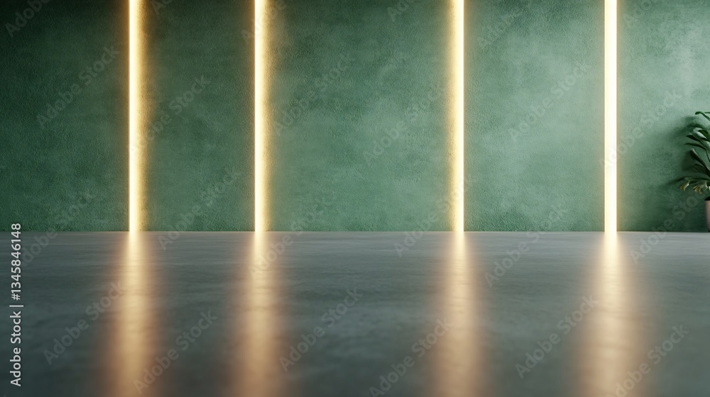 Fototapeta premium Green wall, glowing lines, concrete floor, plant