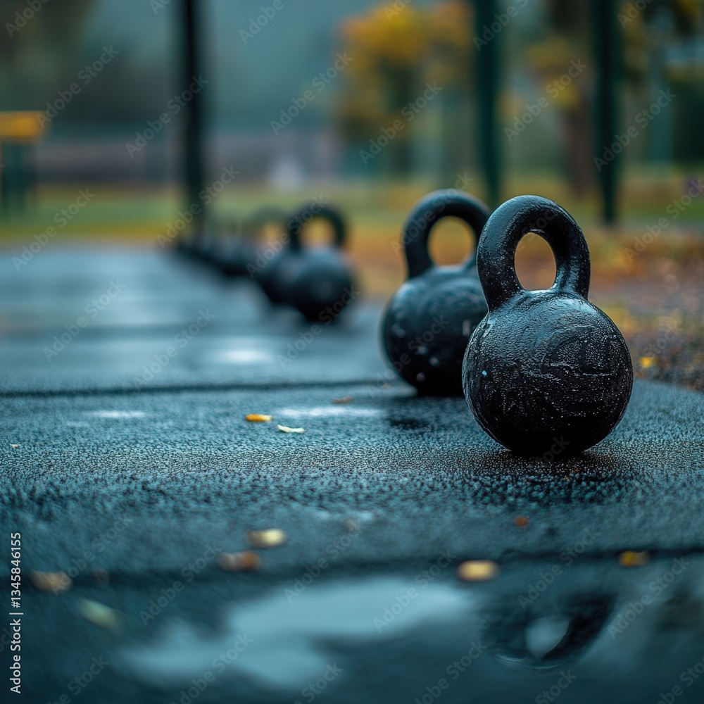 Fototapeta premium A series of kettlebells lined up on a wet outdoor gym floor create an appealing scene for fitness and exercise themes, Ideal for promoting workouts, gym facilities, or health-related content,