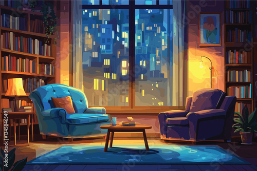 Sofa, armchair, and coffee table in a cozy living room with a bookcase near a window with a city view, a flat vector illustration. Upholstered Living Room Furniture