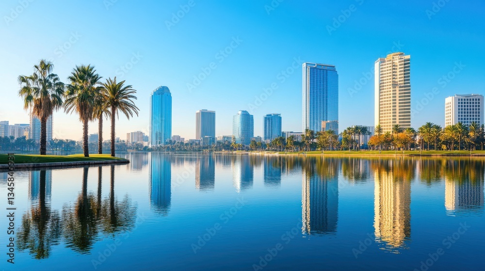 Naklejka premium Skyscrapers Reflected in Calm Lake with Palm Trees and Clear Blue Sky in Urban Landscape at Sunrise