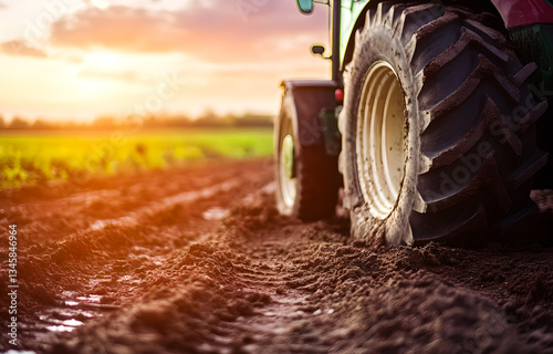 Close -up tractor wheels against the background of the field. work in the field
