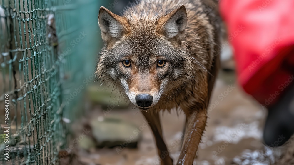 Naklejka premium Wet Coyote Approaching Through Fence in Snowy Enclosure