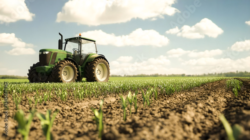 Tractor in the corn field. Clear day, work in the field