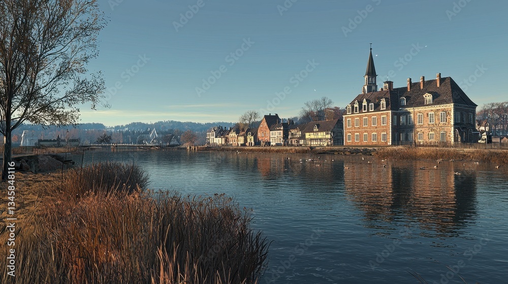 Obraz premium A serene lakeside village scene reflecting in tranquil waters