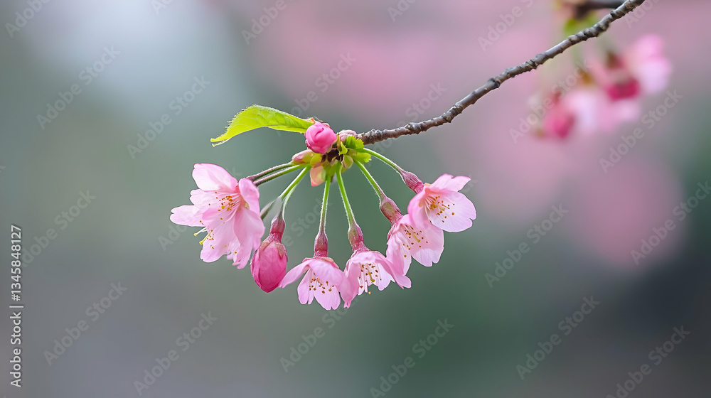 Delicate Pink Cherry Blossoms Blooming on a Branch Against a Blurred Green And Gray Background in Natural Daylight Delicate Pink Cherry Blossoms Blooming on a Branch Against a Blurred Green And Gray Background in Natural Daylight