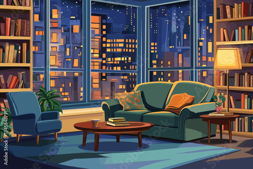 Sofa, armchair, and coffee table in a cozy living room with a bookcase near a window with a city view, a flat vector illustration. Upholstered Living Room Furniture