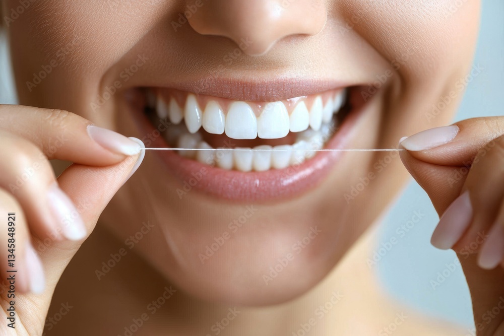 Fototapeta premium A woman holding dental floss dentist appointment at home oral hygiene tips bright environment close-up view promoting healthy teeth care