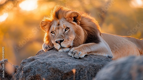 A majestic lion resting on a rocky outcrop in the African savanna, golden sunlight, wildlife photography