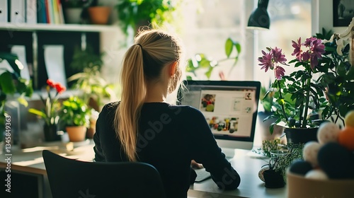 A professional woman in a modern workspace, celebrating Easter while staying productive