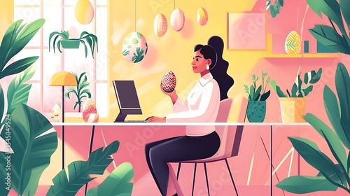 A professional woman in a modern workspace, taking a moment to celebrate Easter while managing work tasks