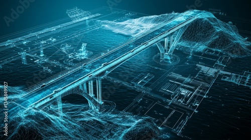 Futuristic Bridge Design Concept with Digital Waves and Technical Blueprint Elements in a High-Tech Style