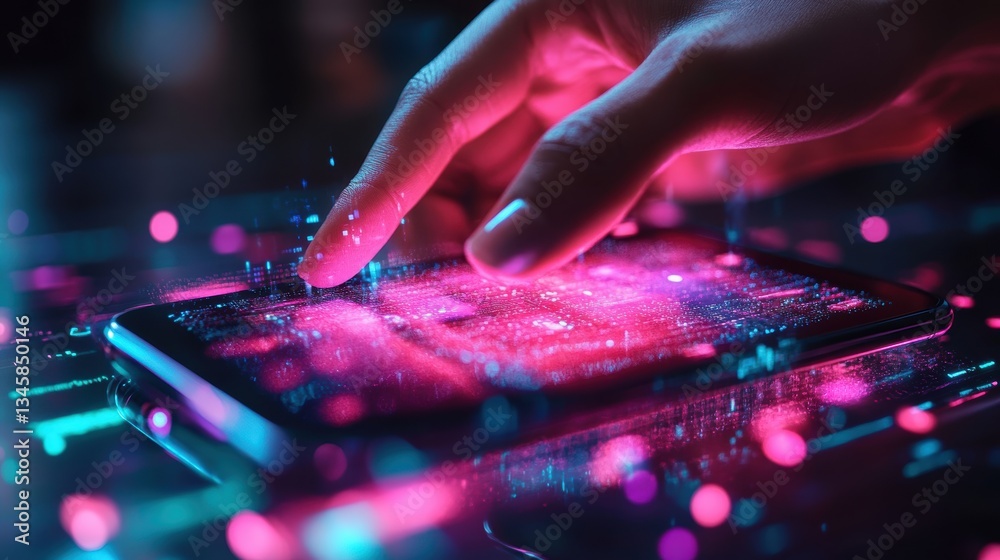 A person using a smartphone with a holographic interface, futuristic technology, bright colors A person using a smartphone with a holographic interface, futuristic technology, bright colors