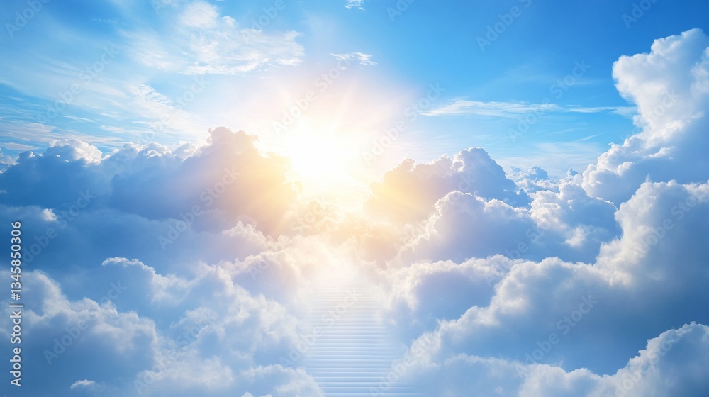Fototapeta premium Heavenly stairway through bright clouds, sunlight