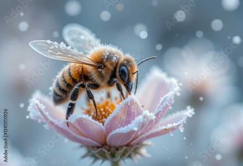 A fuzzy bee rests on a pink and frosted flower blossom