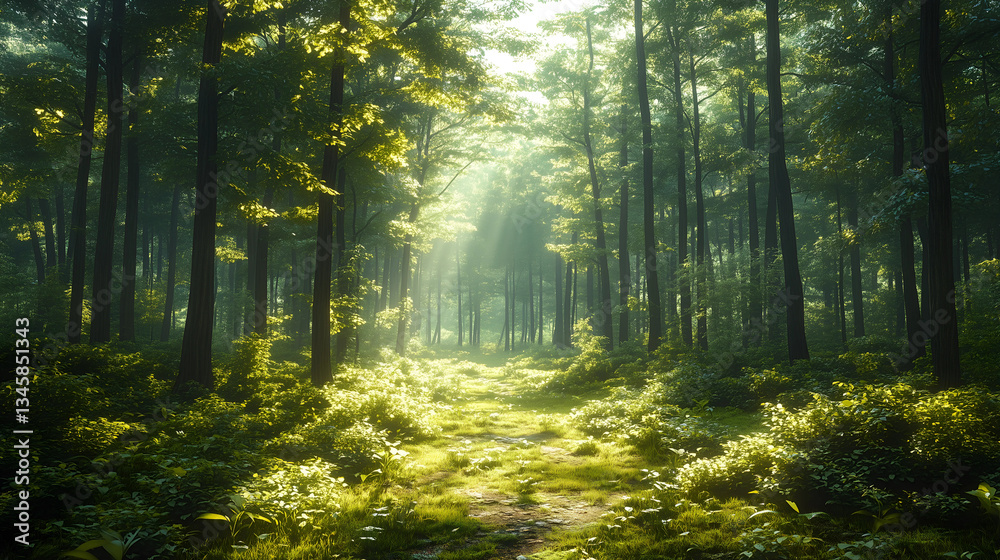 Obraz premium Sunlight filters through trees in a lush forest clearing during early morning hours
