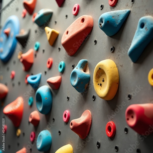 A colorful climbing wall with various handholds