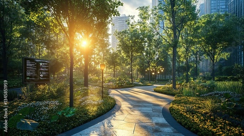 Eco-Friendly Urban Park with Digital Information Panels on Sustainability, Representing the Future of Green Spaces, Smart Cities, and Technology-Driven Environmental Education in Urban Areas