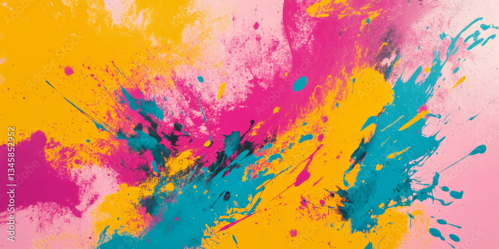 A bold, colorful abstract background featuring a chaotic explosion of paint splatters. The dynamic bursts of vibrant pink, deep yellow, and glowing turquoise create an expressive, modern, and
