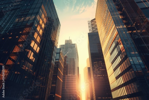 Vibrant Color Image of Tall Office Buildings with Evening Sun in the City Background