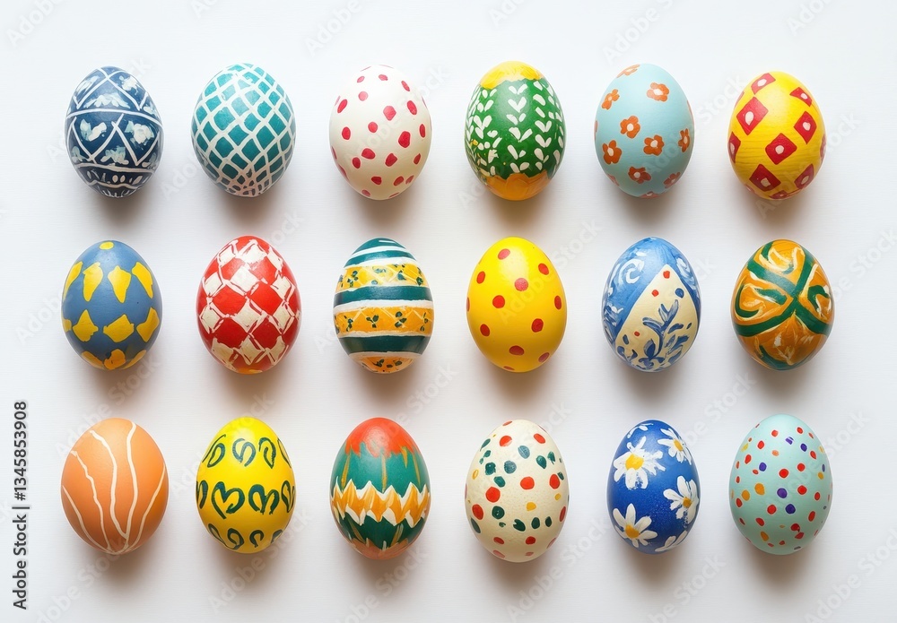 Colorful Hand-Painted Easter Eggs Displayed on a White Background for Spring Celebrations and Festive Decorations Colorful Hand-Painted Easter Eggs Displayed on a White Background for Spring Celebrations and Festive Decorations