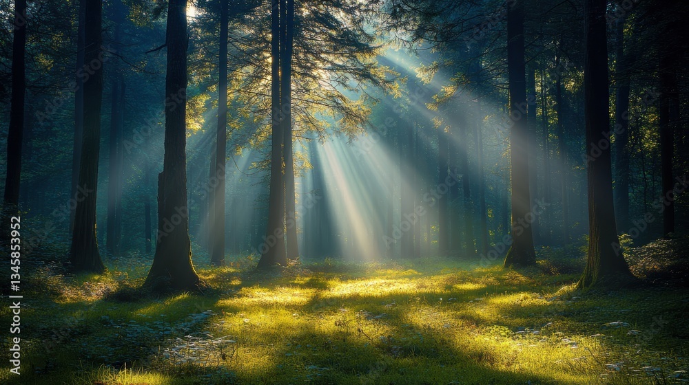 Obraz premium A forest with tall redwood trees, sunlight filtering through the canopy, majestic atmosphere